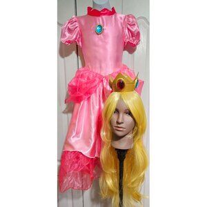 Princess Peach Deluxe Costume Girls 10-12 Super Mario Dress Tiara Wig Disguise